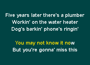 Five years later there's a plumber
Workin' on the water heater
Dog's barkin' phone's ringin'

You may not know it now
But you're gonna' miss this