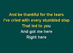 And be thankful for the tears
I've cried with every stumbled step
That led to you

And got me here
Right here