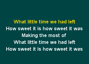 What little time we had left
How sweet it is how sweet it was
Making the most of
What little time we had left
How sweet it is how sweet it was