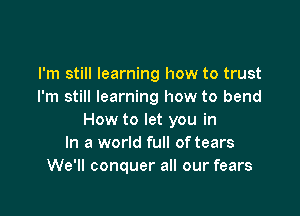 I'm still learning how to trust
I'm still learning how to bend

How to let you in
In a world full of tears
We'll conquer all our fears