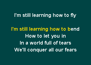 I'm still learning how to fly

I'm still learning how to bend

How to let you in
In a world full of tears
We'll conquer all our fears