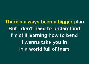 There's always been a bigger plan
But I don't need to understand
I'm still learning how to bend
I wanna take you in
In a world full of tears