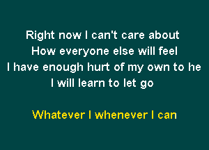Right now I can't care about
How everyone else will feel
I have enough hurt of my own to he

I will learn to let go

Whatever I whenever I can