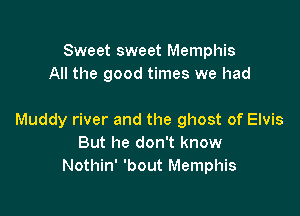 Sweet sweet Memphis
All the good times we had

Muddy river and the ghost of Elvis
But he don't know
Nothin' 'bout Memphis