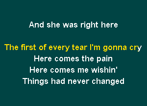 And she was right here

The first of every tear I'm gonna cry

Here comes the pain
Here comes me wishin'
Things had never changed