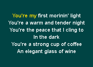 You're my first morinin' light
You're a warm and tender night
You're the peace that I cling to

In the dark
You're a strong cup of coffee
An elegant glass of wine