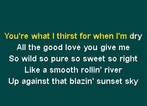 You're what I thirst for when I'm dry
All the good love you give me
So wild so pure so sweet so right
Like a smooth rollin' river
Up against that blazin' sunset sky