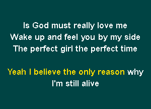 Is God must really love me
Wake up and feel you by my side
The perfect girl the perfect time

Yeah I believe the only reason why
I'm still alive