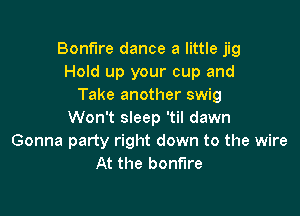 Bonfire dance a little jig
Hoid up your cup and
Take another swig

Won't sleep 'til dawn
Gonna party right down to the wire
At the bonfire
