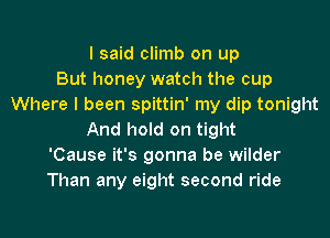 I said climb on up
But honey watch the cup
Where I been spittin' my dip tonight
And hold on tight
'Cause it's gonna be wilder
Than any eight second ride