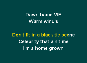 Down home VIP
Warm Wind's

Don't fit in a black tie scene
Celebrity that ain't me
I'm a home grown