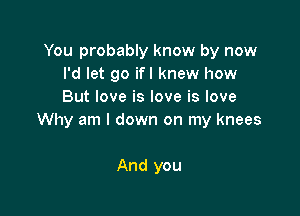 You probably know by now
I'd let go ifl knew how
But love is love is love

Why am I down on my knees

And you