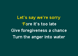 Lefs say weh'e sorry
Fore ifs too late

Give foregiveness a chance
Turn the anger into water