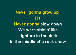 Never gonna grow up
Ha
Never gonna slow down

We were shinin' like
Lighters in the dark
In the middle of a rock show