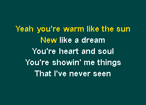 Yeah you're warm like the sun
New like a dream
You're heart and soul

You're showin' me things
That I've never seen