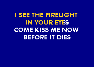 I SEE THE FIRELIGHT
IN YOUR EYES
COME KISS ME NOWr

BEFORE IT DIES