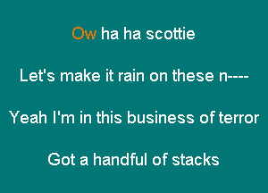 Ow ha ha scottie

Let's make it rain on these n----

Yeah I'm in this business ofterror

Got a handful of stacks