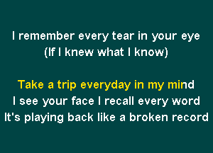 I remember every tear in your eye
(lfl knew what I know)

Take a trip everyday in my mind
I see your face I recall every word
It's playing back like a broken record