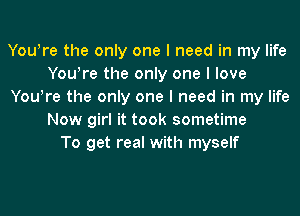 Youlre the only one I need in my life
Youlre the only one I love
Youlre the only one I need in my life
Now girl it took sometime
To get real with myself