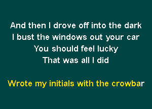 And then I drove off into the dark
I bust the windows out your car
You should feel lucky
That was all I did

Wrote my initials with the crowbar