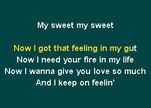 My sweet my sweet

Now I got that feeling in my gut

Now I need your fire in my life
Now I wanna give you love so much
And I keep on feelin'