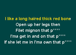 I like a long haired thick red bone
Open up her legs then
Filet mignon that pMM
I'ma get in and on that pMM
If she let me in l'ma own that pMM