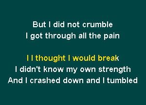 But I did not crumble
I got through all the pain

I I thought I would break
I didn't know my own strength
And I crashed down and l tumbled