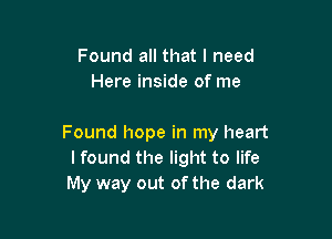 Found all that I need
Here inside of me

Found hope in my heart
I found the light to life
My way out of the dark