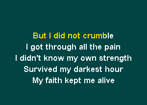 But I did not crumble
I got through all the pain

I didn't know my own strength
Survived my darkest hour
My faith kept me alive