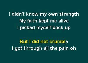 I didn't know my own strength
My faith kept me alive
I picked myself back up

But I did not crumble
I got through all the pain oh