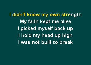 I didn't know my own strength
My faith kept me alive
I picked myself back up

I hold my head up high
I was not built to break