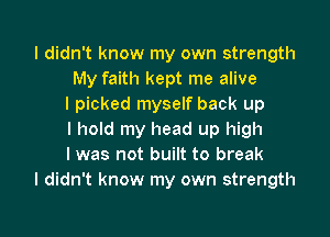 I didn't know my own strength
My faith kept me alive
I picked myself back up
I hold my head up high
I was not built to break
I didn't know my own strength