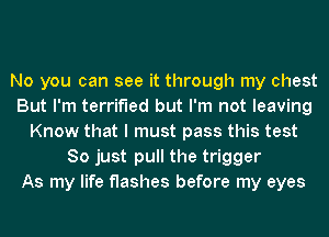 No you can see it through my chest
But I'm terrified but I'm not leaving
Know that I must pass this test
So just pull the trigger
As my life flashes before my eyes