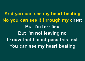 And you can see my heart beating
No you can see it through my chest
But I'm terrified
But I'm not leaving no
I know that I must pass this test
You can see my heart beating