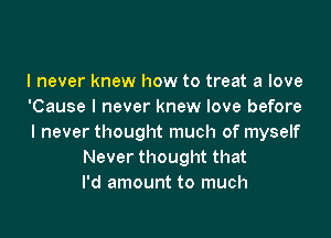 I never knew how to treat a love
'Cause I never knew love before

I never thought much of myself
Never thought that
I'd amount to much