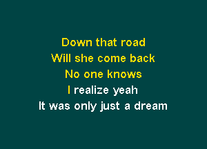Down that road
Will she come back

No one knows
I realize yeah
It was only just a dream