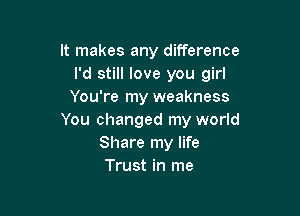 It makes any difference
I'd still love you girl
You're my weakness

You changed my world
Share my life
Trust in me