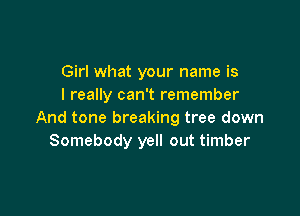 Girl what your name is
I really can't remember

And tone breaking tree down
Somebody yell out timber