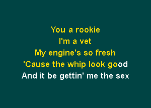 You a rookie
I'm a vet
My engine's so fresh

'Cause the whip look good
And it be gettin' me the sex