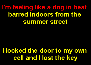 I'm feeling like a dog in heat
barred indoors from the
summer street

I locked the door to my own
cell and I lost the key