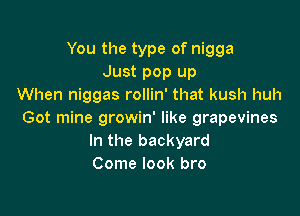 You the type of nigga
Just pop up
When niggas rollin' that kush huh

Got mine growin' like grapevines
In the backyard
Come look bro