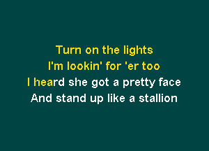 Turn on the lights
I'm lookin' for 'er too

I heard she got a pretty face
And stand up like a stallion