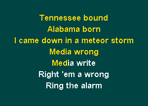 Tennessee bound
Alabama born
I came down in a meteor storm
Media wrong

Media write
Right 'em a wrong
Ring the alarm