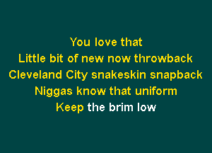You love that
Little bit of new now throwback
Cleveland City snakeskin snapback

Niggas know that uniform
Keep the brim low