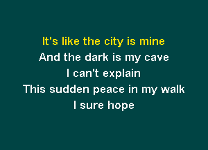 It's like the city is mine
And the dark is my cave
I can't explain

This sudden peace in my walk
I sure hope