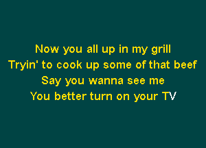 Now you all up in my grill
Tryin' to cook up some of that beef

Say you wanna see me
You better turn on your TV