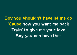 Boy you shouldn't have let me go
'Cause now you want me back

Tryin' to give me your love
Boy you can have that