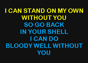 I CAN STAND ON MY OWN
WITHOUT YOU
80 GO BACK
IN YOUR SHELL
I CAN DO
BLOODYWELLWITHOUT
YOU