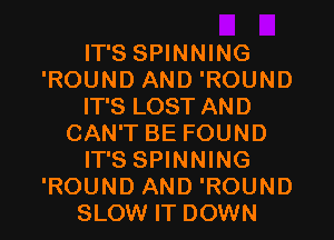 IT'S SPINNING
'ROUND AND 'ROUND
IT'S LOST AND
CAN'T BE FOUND
IT'S SPINNING
'ROUND AND 'ROUND
SLOW IT DOWN