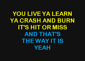 YOU LIVE YA LEARN
YA CRASH AND BURN
IT'S HIT OR MISS

AN D THAT'S
TH E WAY IT IS
YEAH